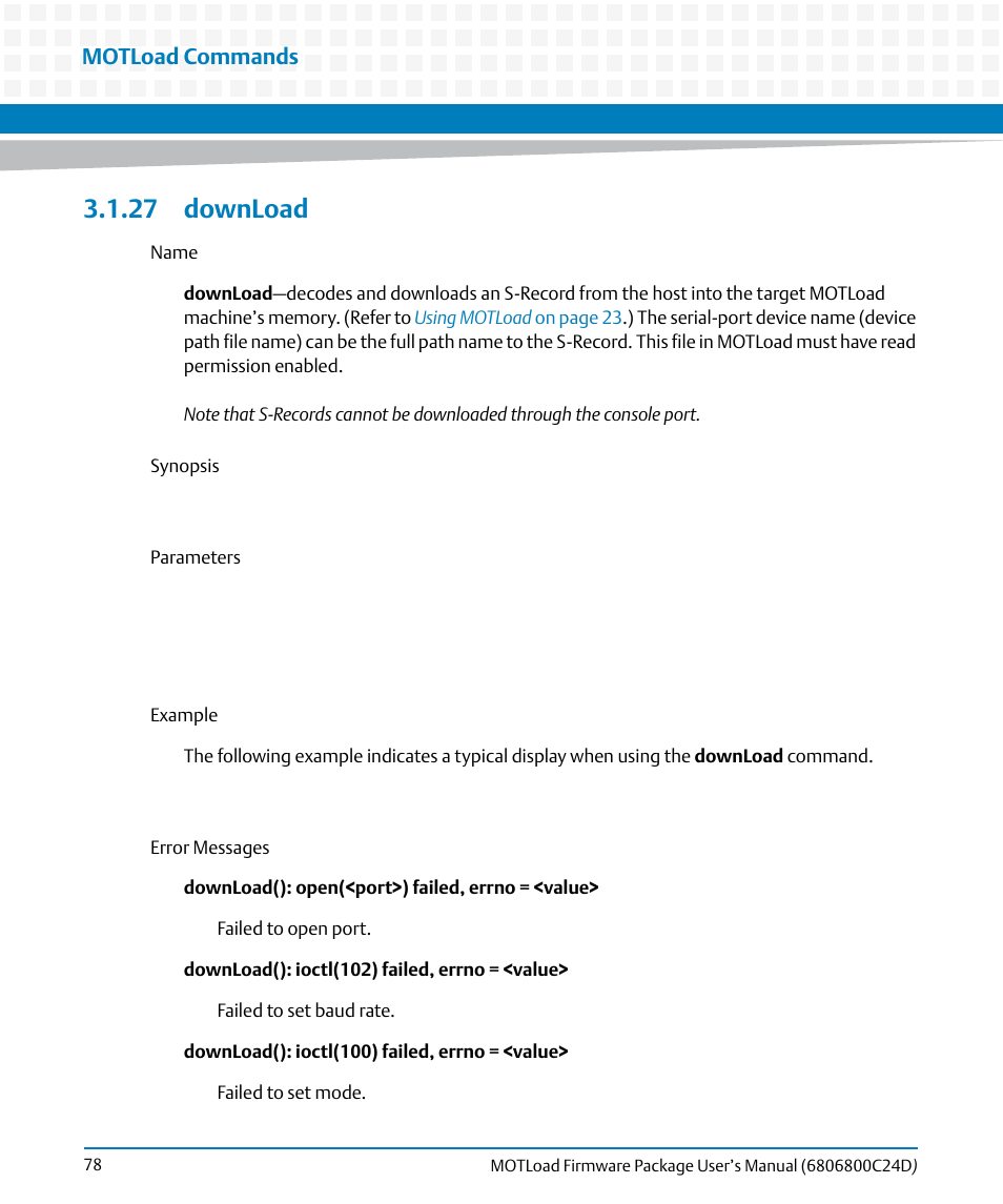 27 download, Download, Motload commands | Artesyn MOTLoad Firmware Package User's Manual (February 2015) User Manual | Page 78 / 282