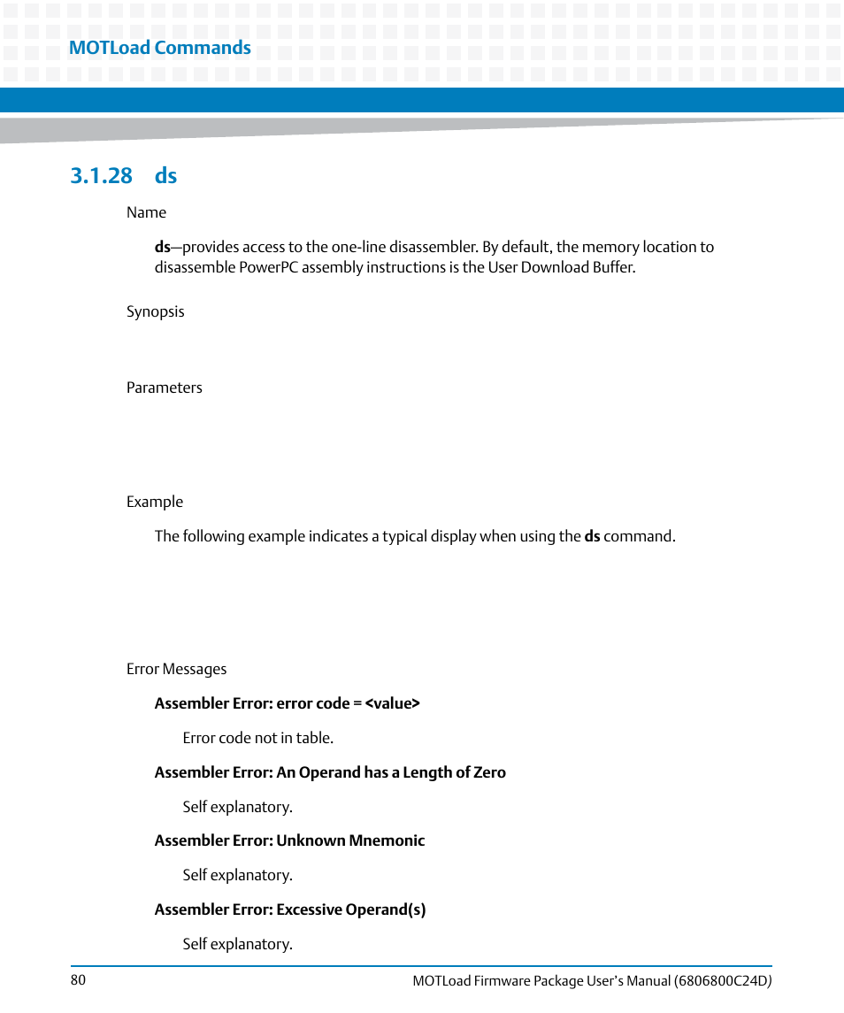 28 ds, Motload commands | Artesyn MOTLoad Firmware Package User's Manual (February 2015) User Manual | Page 80 / 282