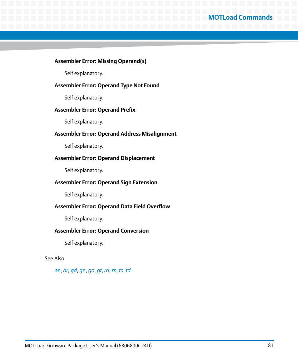 Motload commands | Artesyn MOTLoad Firmware Package User's Manual (February 2015) User Manual | Page 81 / 282