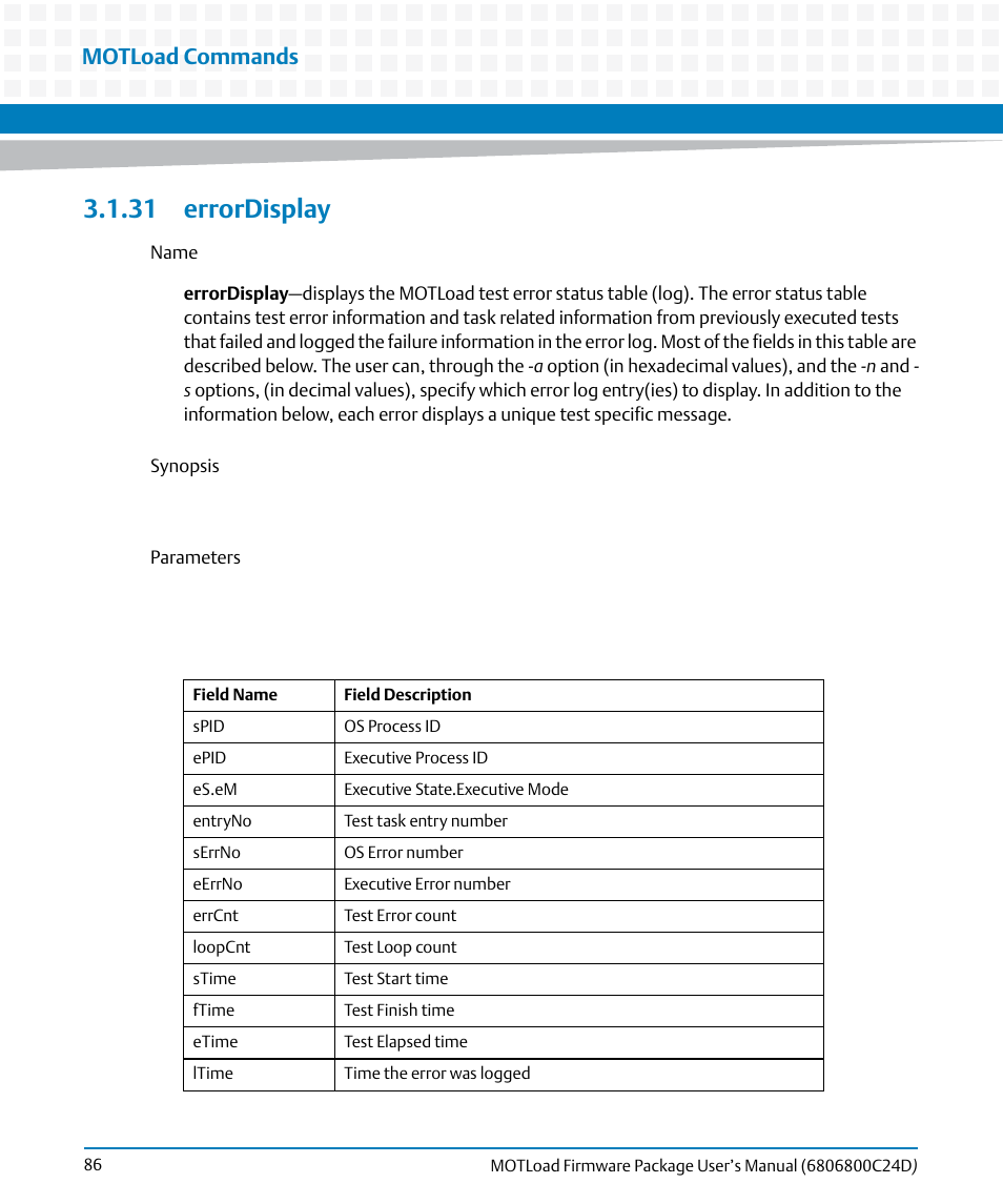 31 errordisplay, Errordisplay, Motload commands | Artesyn MOTLoad Firmware Package User's Manual (February 2015) User Manual | Page 86 / 282