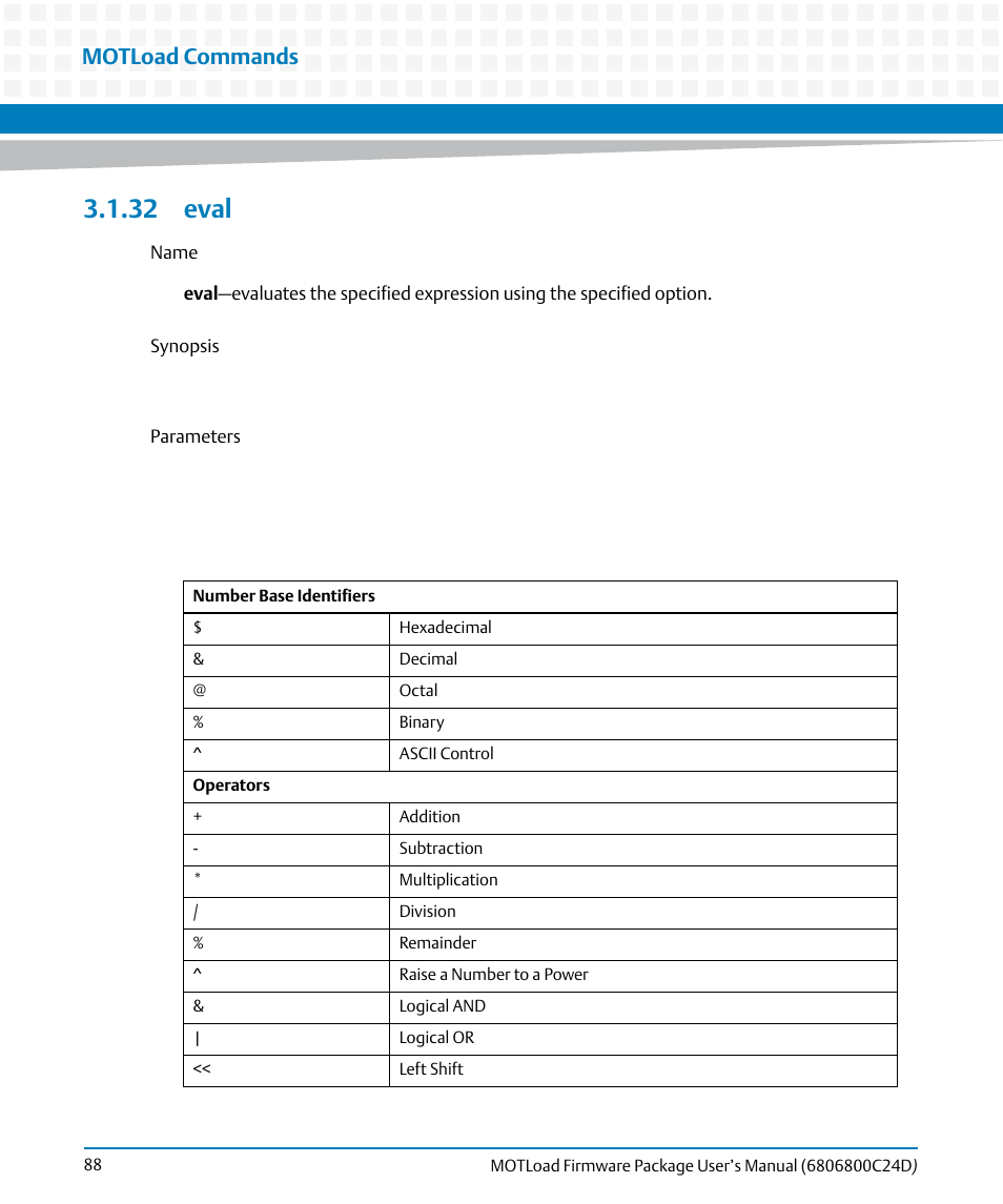 32 eval, Eval, Motload commands | Artesyn MOTLoad Firmware Package User's Manual (February 2015) User Manual | Page 88 / 282