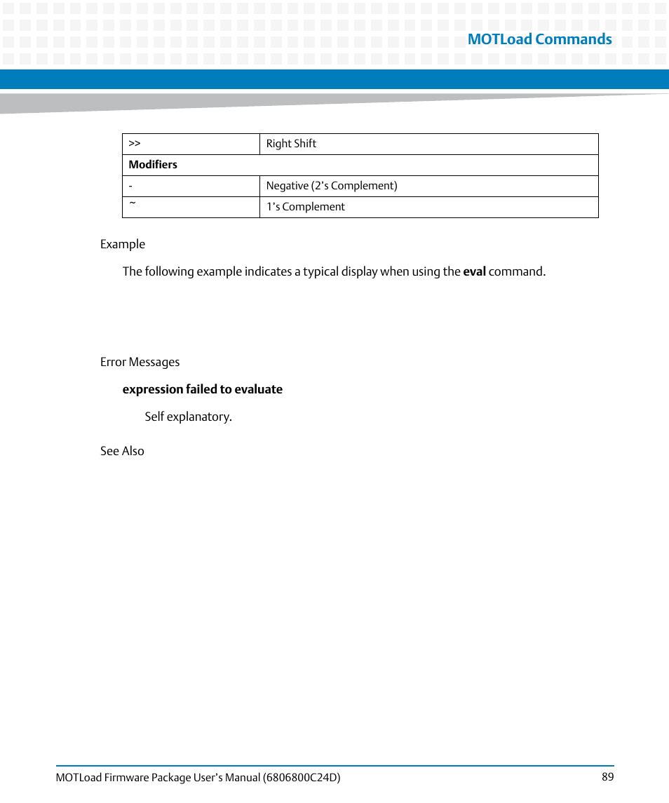 Motload commands | Artesyn MOTLoad Firmware Package User's Manual (February 2015) User Manual | Page 89 / 282