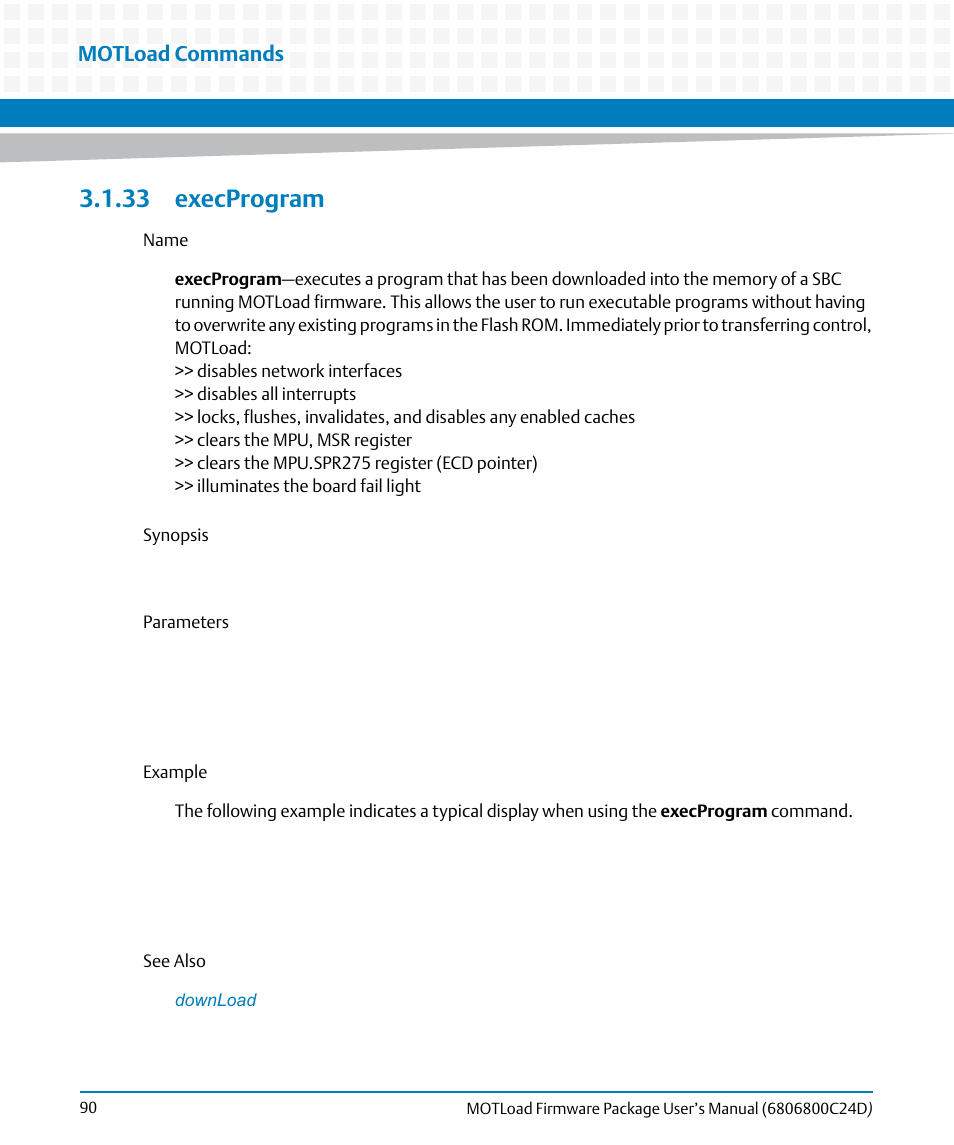 33 execprogram, Execprogram, Motload commands | Artesyn MOTLoad Firmware Package User's Manual (February 2015) User Manual | Page 90 / 282