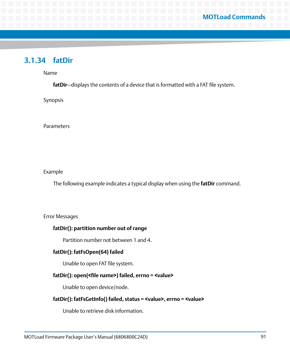 34 fatdir, Fatdir, Motload commands | Artesyn MOTLoad Firmware Package User's Manual (February 2015) User Manual | Page 91 / 282