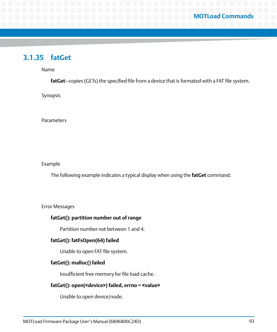 35 fatget, Fatget, Motload commands | Artesyn MOTLoad Firmware Package User's Manual (February 2015) User Manual | Page 93 / 282