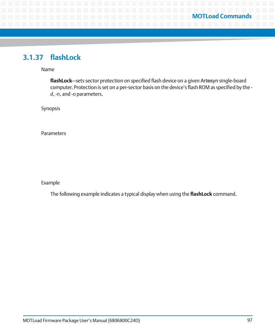 37 flashlock, Flashlock, Motload commands | Artesyn MOTLoad Firmware Package User's Manual (February 2015) User Manual | Page 97 / 282