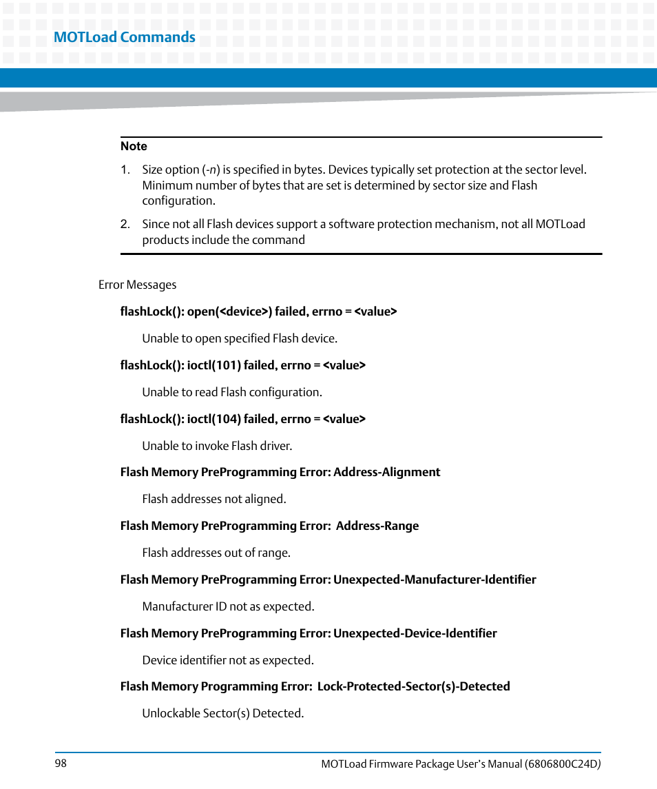 Motload commands | Artesyn MOTLoad Firmware Package User's Manual (February 2015) User Manual | Page 98 / 282