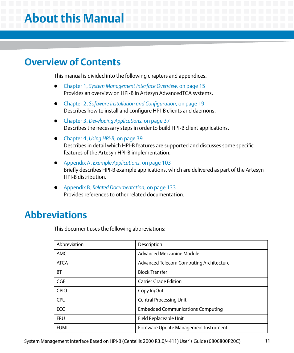 About this manual, Overview of contents, Abbreviations | Artesyn System Management Interface Based on HPI-B (Centellis 2000 R3.0/4411) User's Guide (June 2014) User Manual | Page 11 / 136