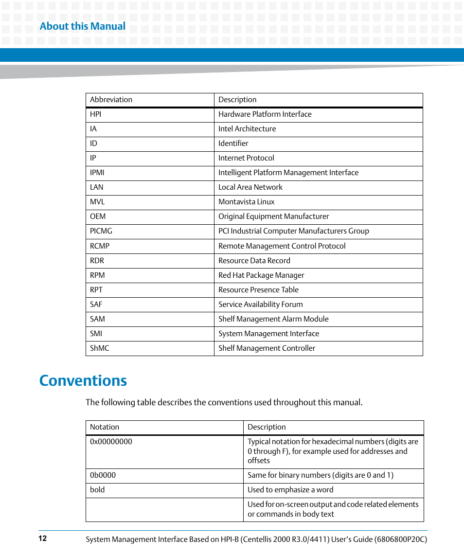 Conventions, About this manual | Artesyn System Management Interface Based on HPI-B (Centellis 2000 R3.0/4411) User's Guide (June 2014) User Manual | Page 12 / 136