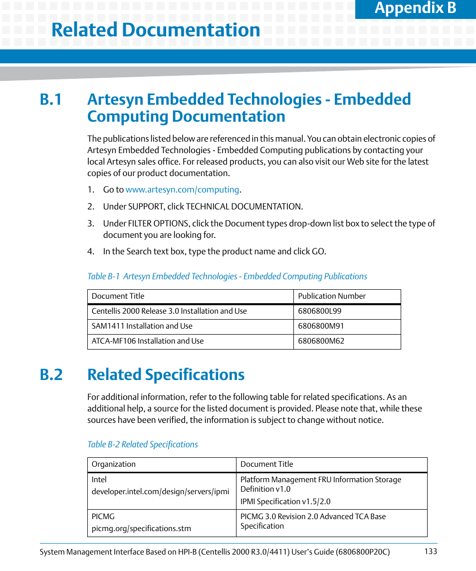 B related documentation, B.2 related specifications, Related documentation | Table b-1, Table b-2, Related specifications, Appendix b | Artesyn System Management Interface Based on HPI-B (Centellis 2000 R3.0/4411) User's Guide (June 2014) User Manual | Page 133 / 136