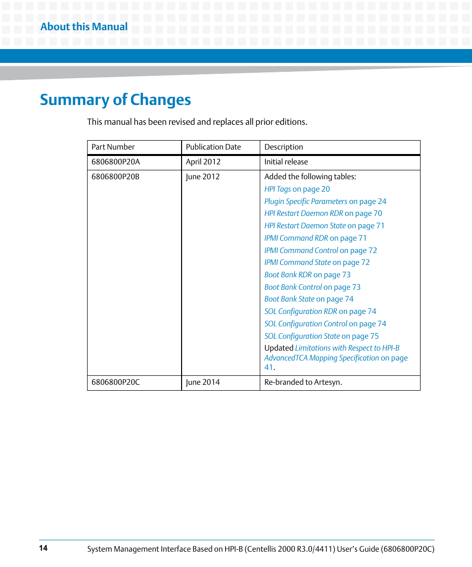 Summary of changes, About this manual | Artesyn System Management Interface Based on HPI-B (Centellis 2000 R3.0/4411) User's Guide (June 2014) User Manual | Page 14 / 136