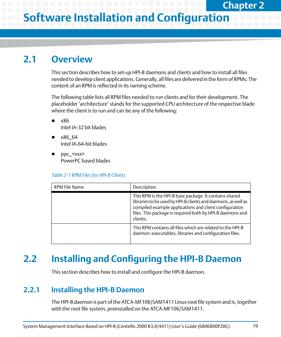 Software installation and configuration, 1 overview, 2 installing and configuring the hpi-b daemon | 1 installing the hpi-b daemon, Table 2-1, Rpm files for hpi-b clients, Chapter 2 | Artesyn System Management Interface Based on HPI-B (Centellis 2000 R3.0/4411) User's Guide (June 2014) User Manual | Page 19 / 136