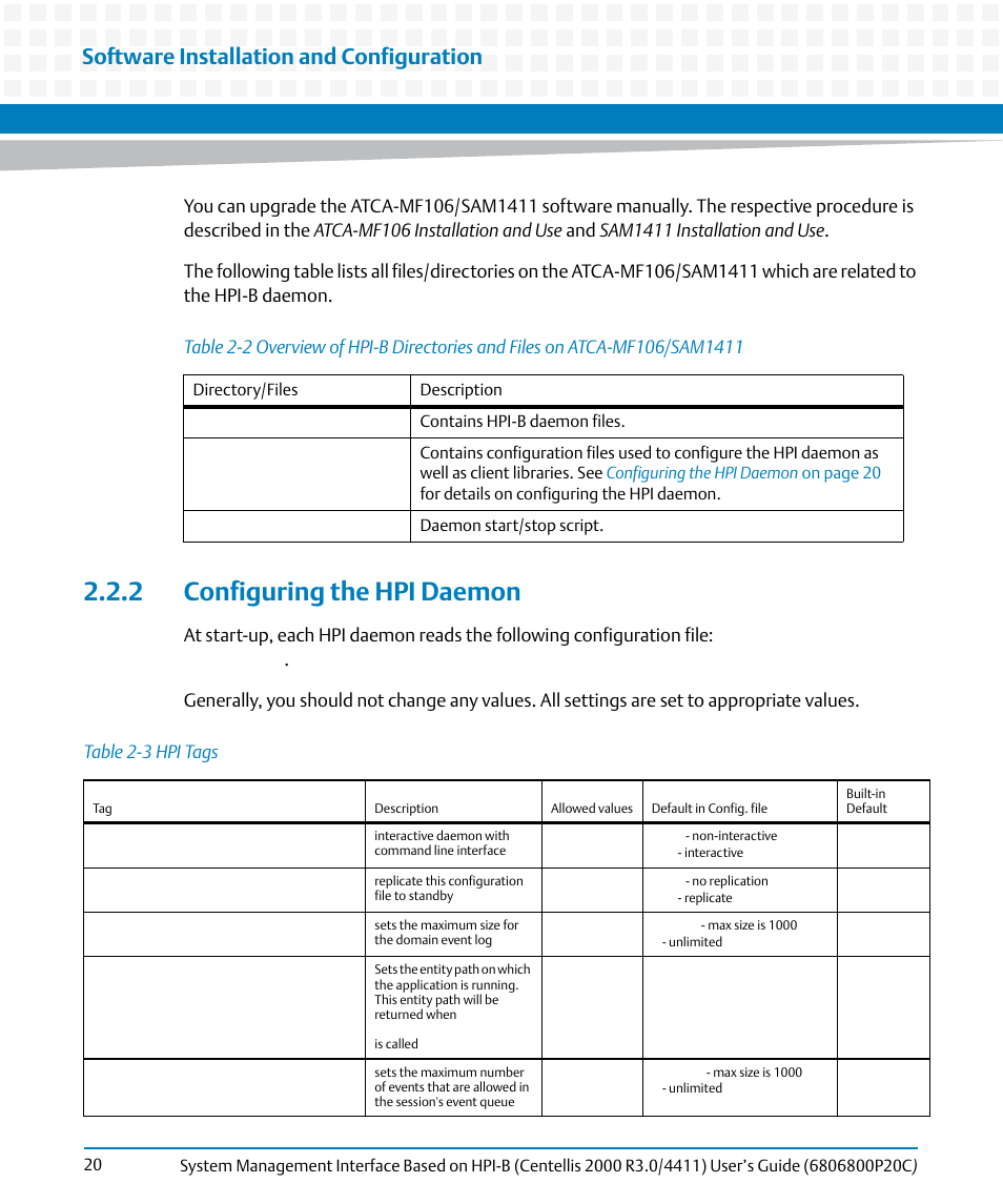 2 configuring the hpi daemon, Table 2-2, Table 2-3 | Hpi tags, Software installation and configuration, Table 2-3 hpi tags | Artesyn System Management Interface Based on HPI-B (Centellis 2000 R3.0/4411) User's Guide (June 2014) User Manual | Page 20 / 136