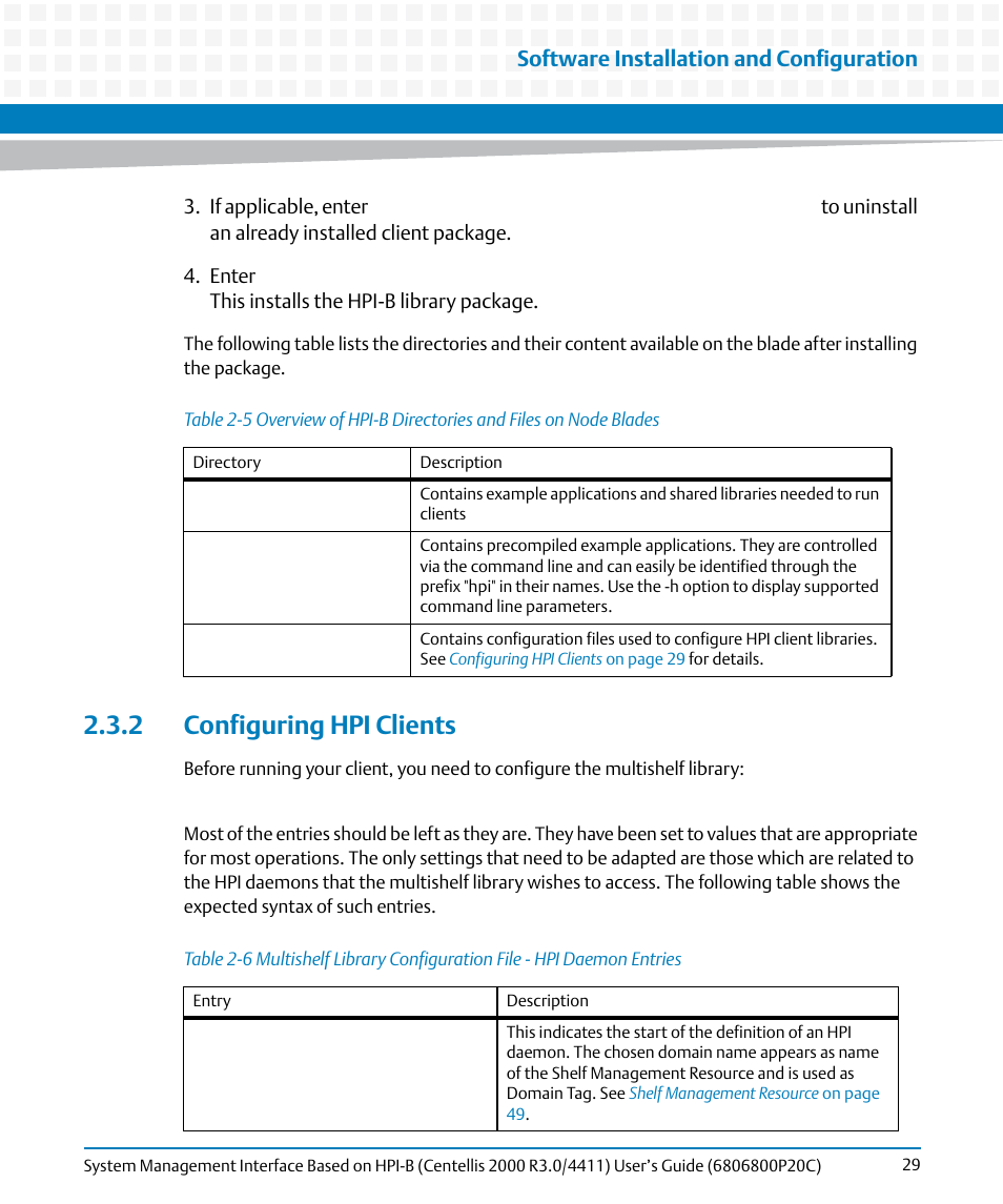 2 configuring hpi clients, Table 2-5, Table 2-6 | Configuring hpi clients, Software installation and configuration | Artesyn System Management Interface Based on HPI-B (Centellis 2000 R3.0/4411) User's Guide (June 2014) User Manual | Page 29 / 136