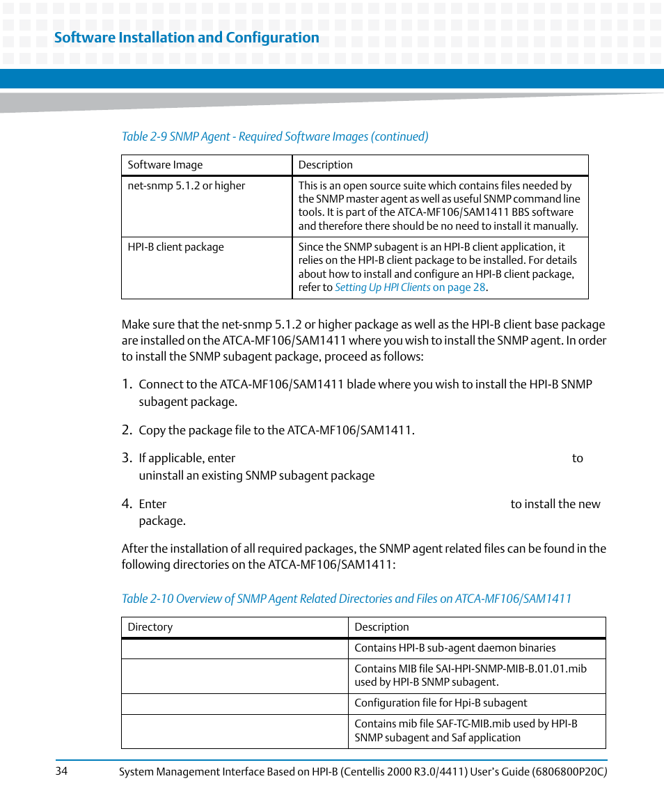 Table 2-10, Software installation and configuration | Artesyn System Management Interface Based on HPI-B (Centellis 2000 R3.0/4411) User's Guide (June 2014) User Manual | Page 34 / 136
