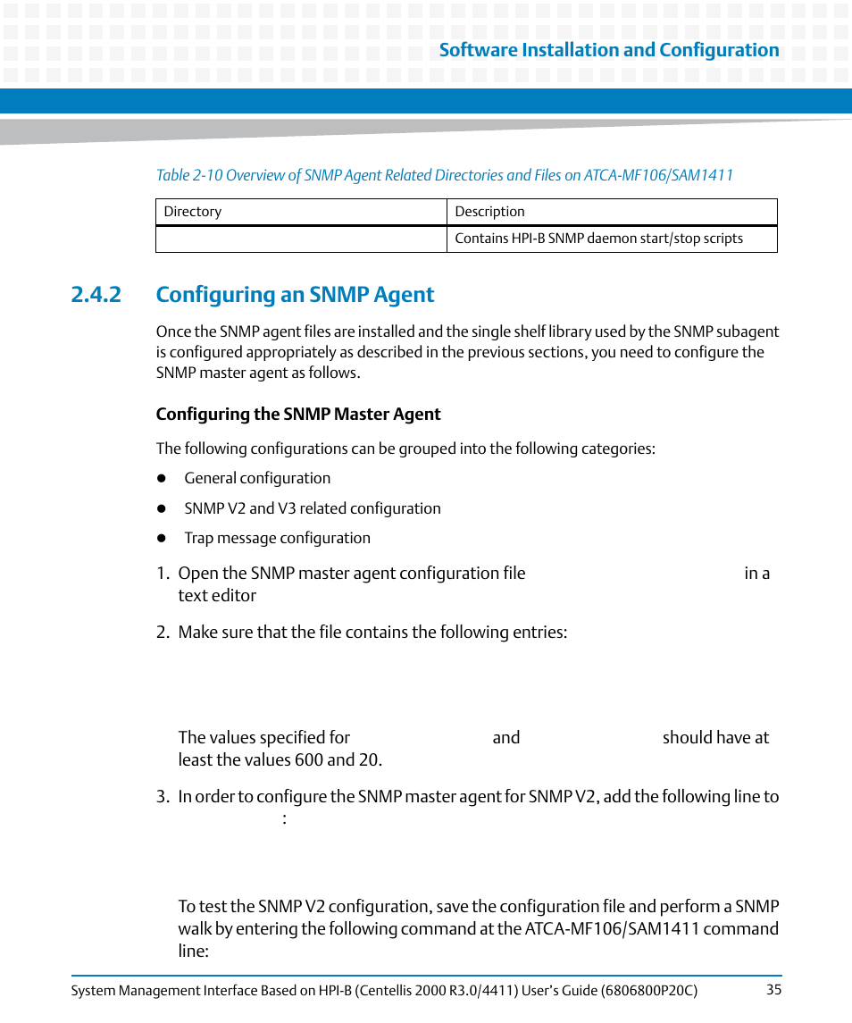2 configuring an snmp agent, Software installation and configuration | Artesyn System Management Interface Based on HPI-B (Centellis 2000 R3.0/4411) User's Guide (June 2014) User Manual | Page 35 / 136