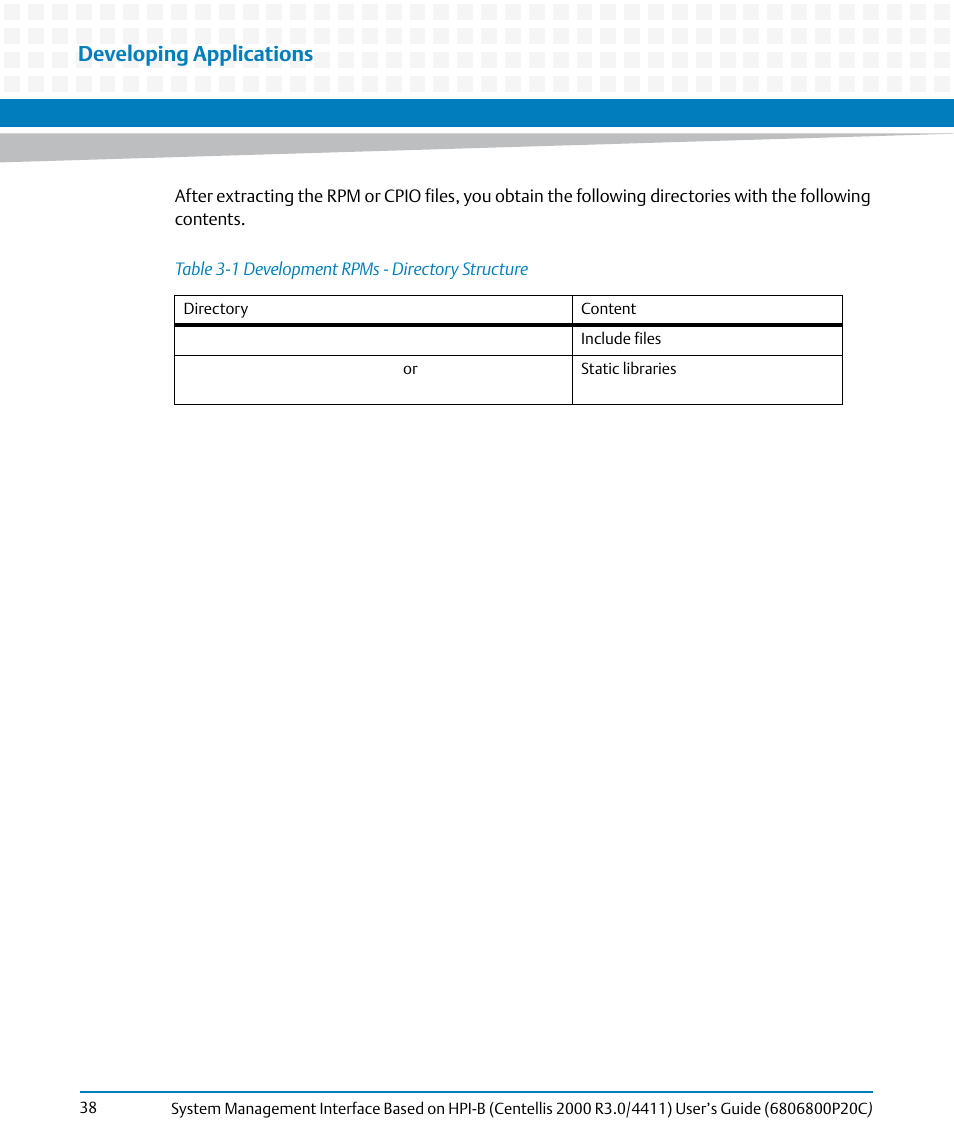 Table 3-1, Development rpms - directory structure, Developing applications | Artesyn System Management Interface Based on HPI-B (Centellis 2000 R3.0/4411) User's Guide (June 2014) User Manual | Page 38 / 136