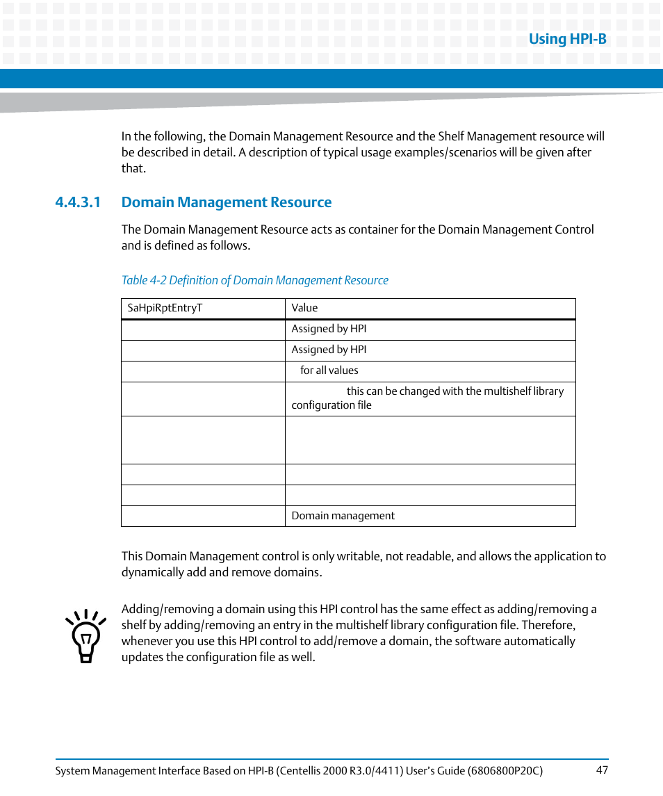 1 domain management resource, Table 4-2, Definition of domain management resource | Using hpi-b | Artesyn System Management Interface Based on HPI-B (Centellis 2000 R3.0/4411) User's Guide (June 2014) User Manual | Page 47 / 136