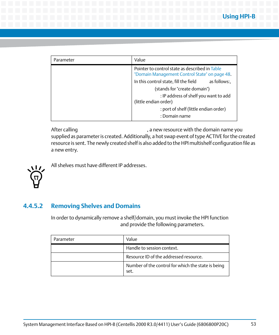 2 removing shelves and domains, Using hpi-b | Artesyn System Management Interface Based on HPI-B (Centellis 2000 R3.0/4411) User's Guide (June 2014) User Manual | Page 53 / 136