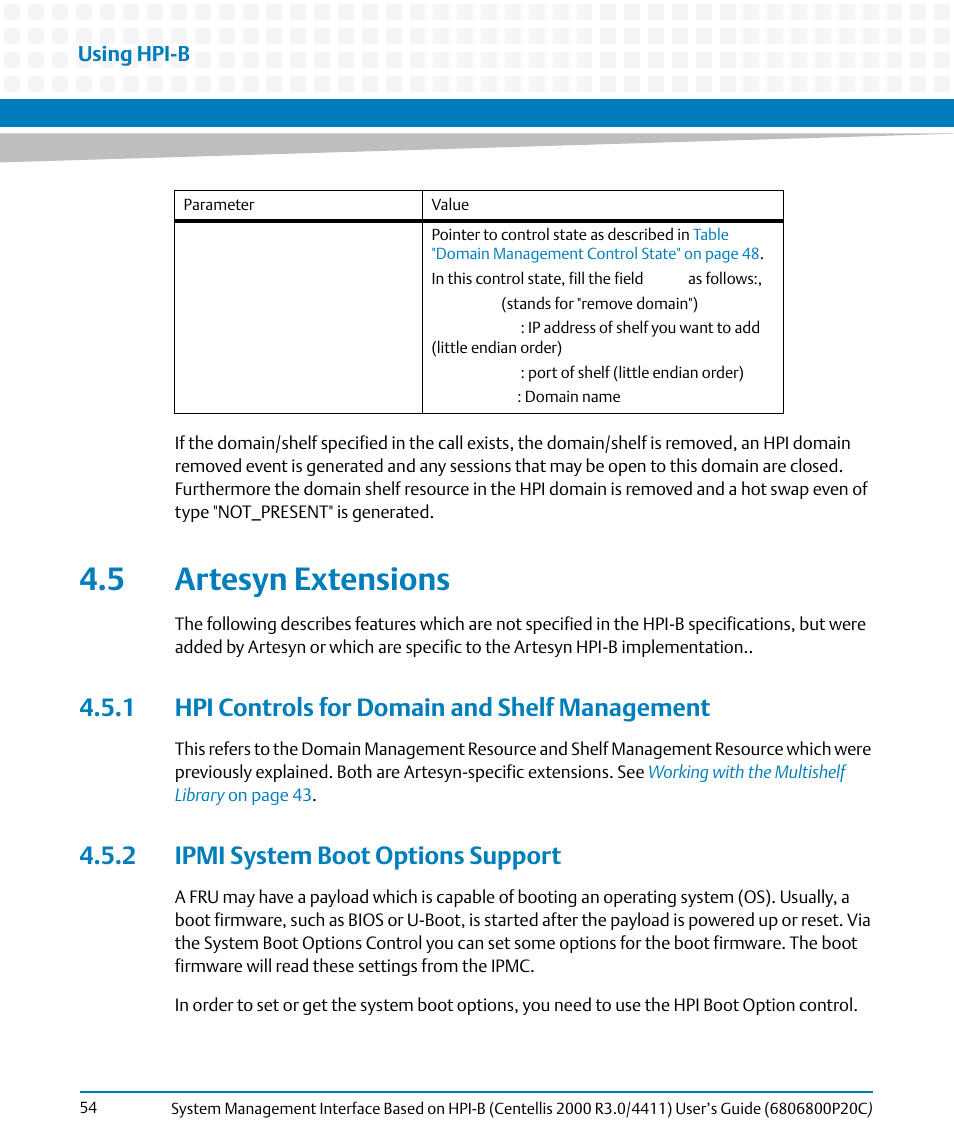 5 artesyn extensions, 1 hpi controls for domain and shelf management, 2 ipmi system boot options support | Artesyn System Management Interface Based on HPI-B (Centellis 2000 R3.0/4411) User's Guide (June 2014) User Manual | Page 54 / 136