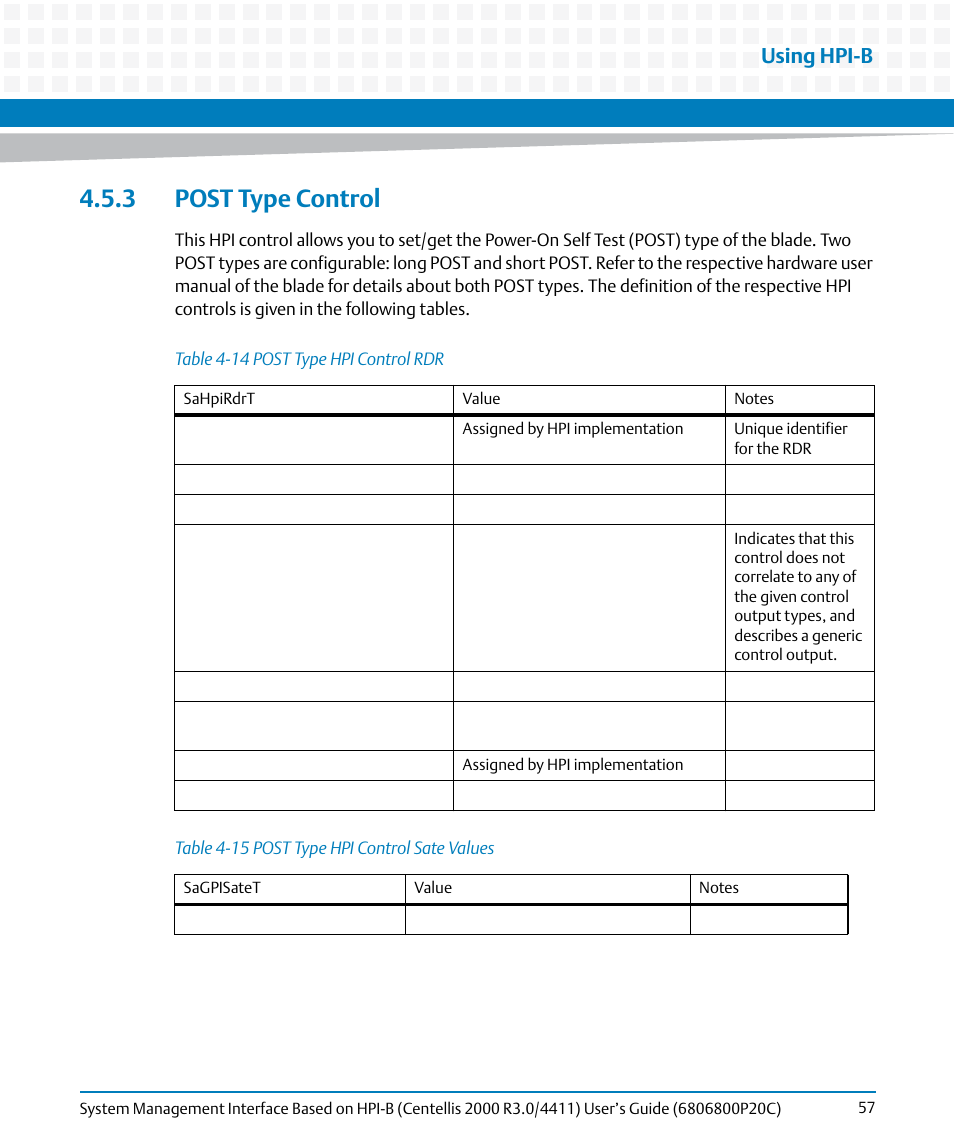 3 post type control, Table 4-14, Post type hpi control rdr | Table 4-15, Post type hpi control sate values, Using hpi-b | Artesyn System Management Interface Based on HPI-B (Centellis 2000 R3.0/4411) User's Guide (June 2014) User Manual | Page 57 / 136