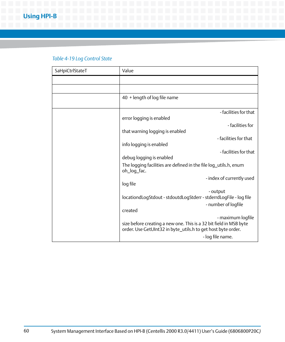 Table 4-19, Log control state, Using hpi-b | Artesyn System Management Interface Based on HPI-B (Centellis 2000 R3.0/4411) User's Guide (June 2014) User Manual | Page 60 / 136