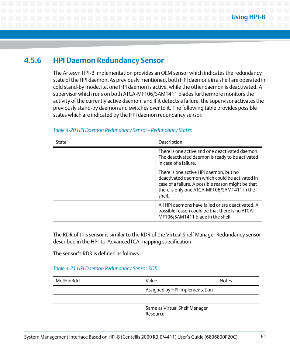 6 hpi daemon redundancy sensor, Table 4-20, Hpi daemon redundancy sensor - redundancy states | Table 4-21, Hpi daemon redundancy sensor rdr, Using hpi-b | Artesyn System Management Interface Based on HPI-B (Centellis 2000 R3.0/4411) User's Guide (June 2014) User Manual | Page 61 / 136
