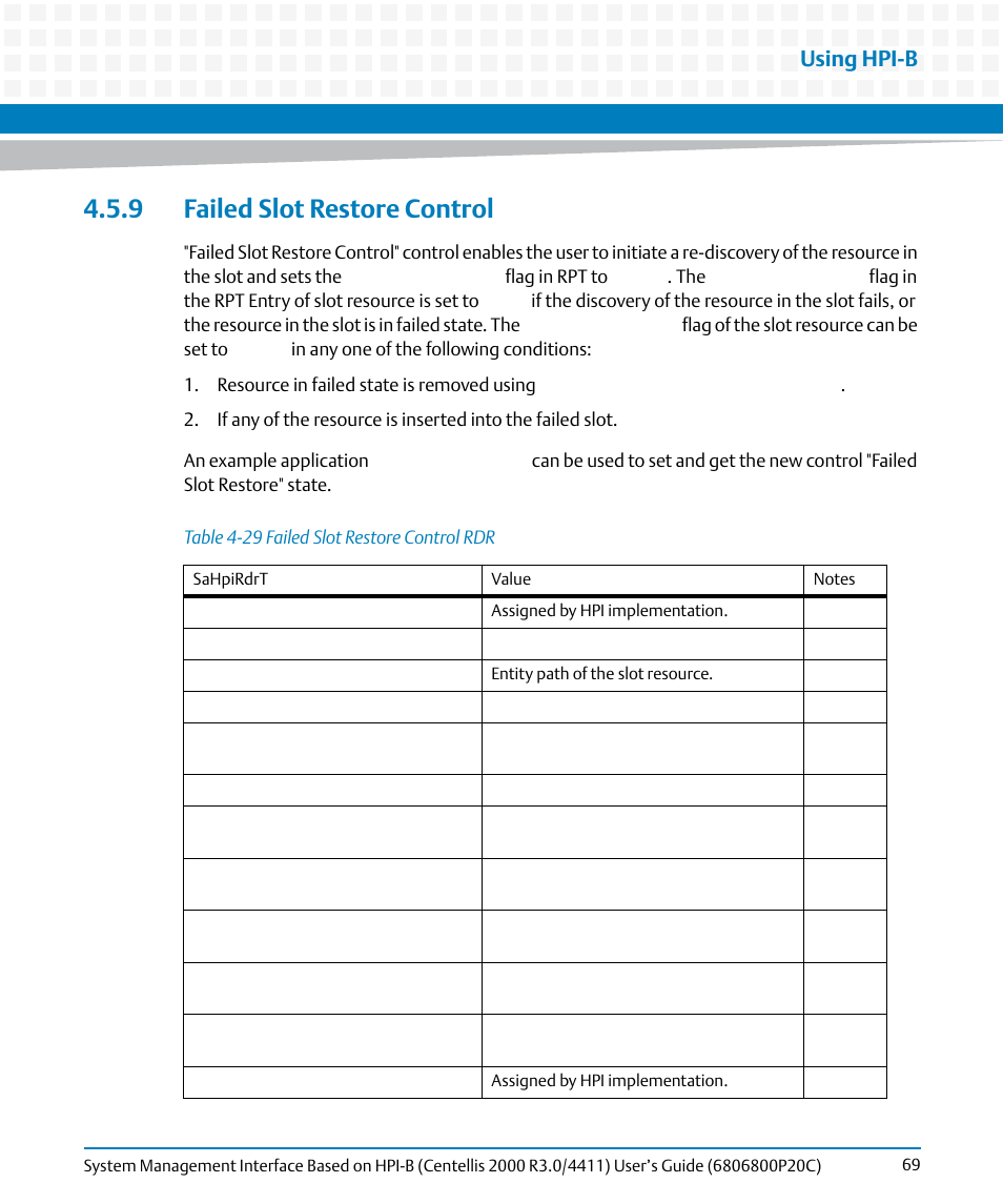 9 failed slot restore control, Table 4-29, Failed slot restore control rdr | Using hpi-b | Artesyn System Management Interface Based on HPI-B (Centellis 2000 R3.0/4411) User's Guide (June 2014) User Manual | Page 69 / 136