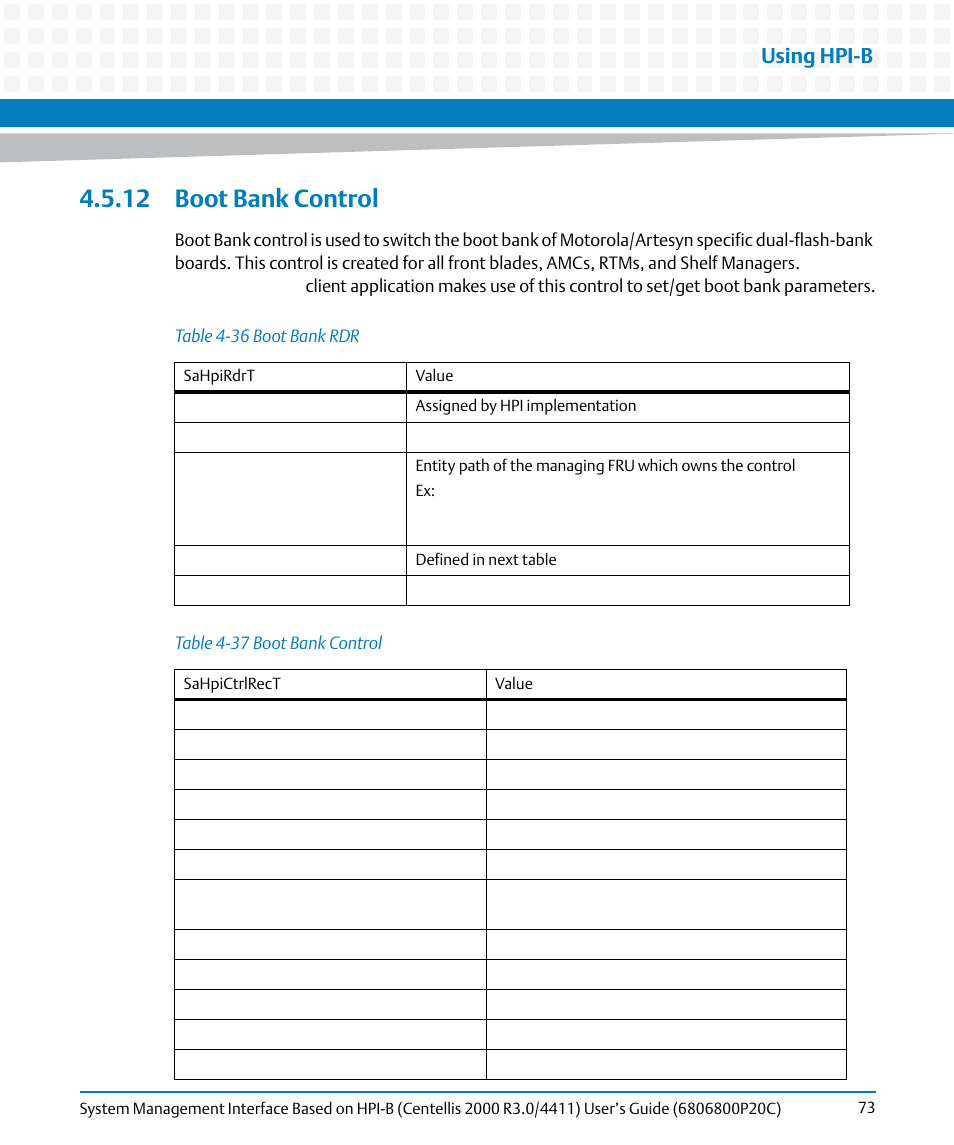 12 boot bank control, Table 4-36, Boot bank rdr | Table 4-37, Boot bank control, Using hpi-b | Artesyn System Management Interface Based on HPI-B (Centellis 2000 R3.0/4411) User's Guide (June 2014) User Manual | Page 73 / 136
