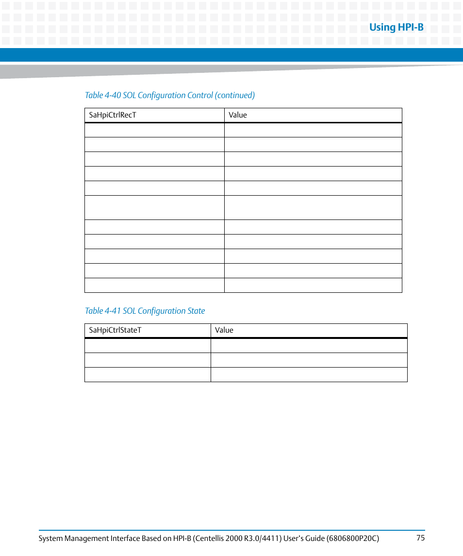 Table 4-41, Sol configuration state, Using hpi-b | Artesyn System Management Interface Based on HPI-B (Centellis 2000 R3.0/4411) User's Guide (June 2014) User Manual | Page 75 / 136