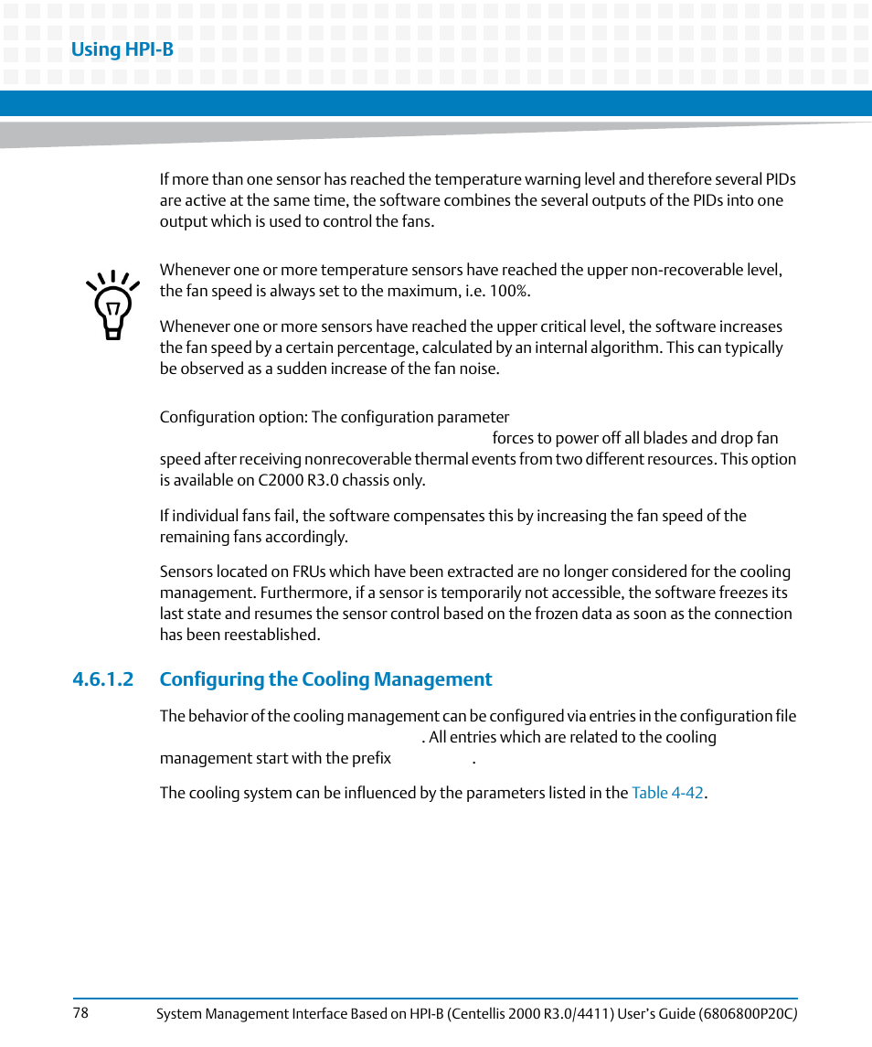 2 configuring the cooling management, Using hpi-b | Artesyn System Management Interface Based on HPI-B (Centellis 2000 R3.0/4411) User's Guide (June 2014) User Manual | Page 78 / 136