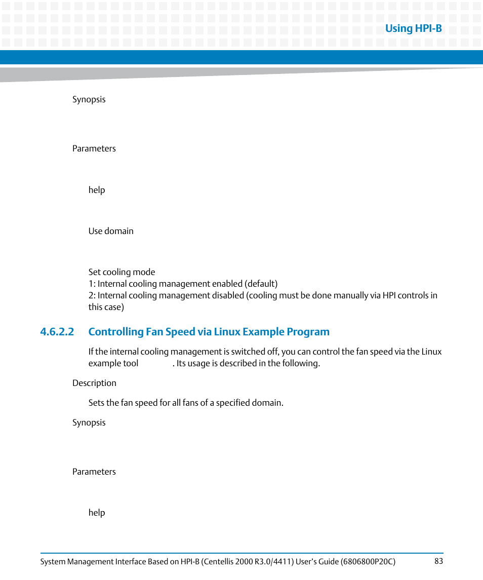 2 controlling fan speed via linux example program, Using hpi-b | Artesyn System Management Interface Based on HPI-B (Centellis 2000 R3.0/4411) User's Guide (June 2014) User Manual | Page 83 / 136