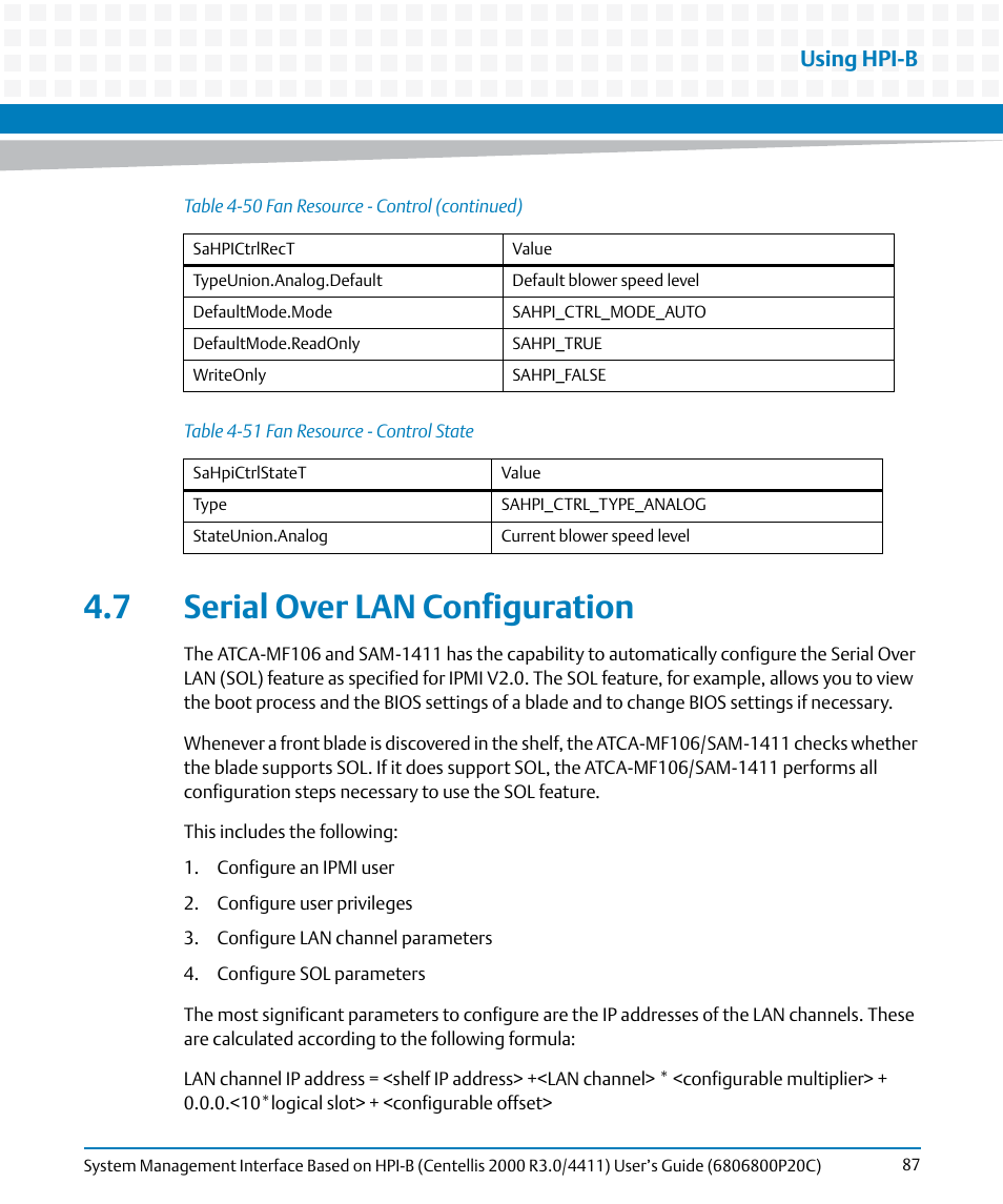 7 serial over lan configuration, Table 4-51, Fan resource - control state | Serial over lan configuration, Using hpi-b | Artesyn System Management Interface Based on HPI-B (Centellis 2000 R3.0/4411) User's Guide (June 2014) User Manual | Page 87 / 136