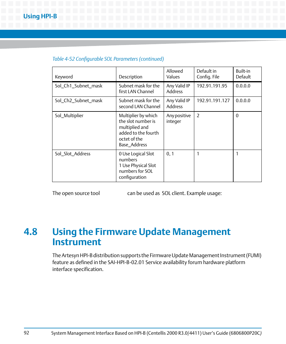 8 using the firmware update management instrument, Using hpi-b | Artesyn System Management Interface Based on HPI-B (Centellis 2000 R3.0/4411) User's Guide (June 2014) User Manual | Page 92 / 136