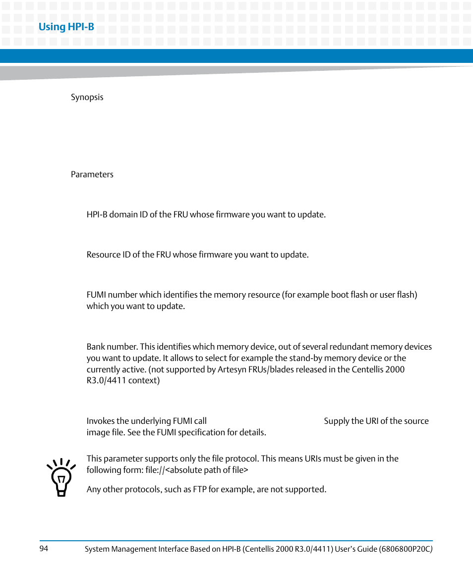 Using hpi-b | Artesyn System Management Interface Based on HPI-B (Centellis 2000 R3.0/4411) User's Guide (June 2014) User Manual | Page 94 / 136