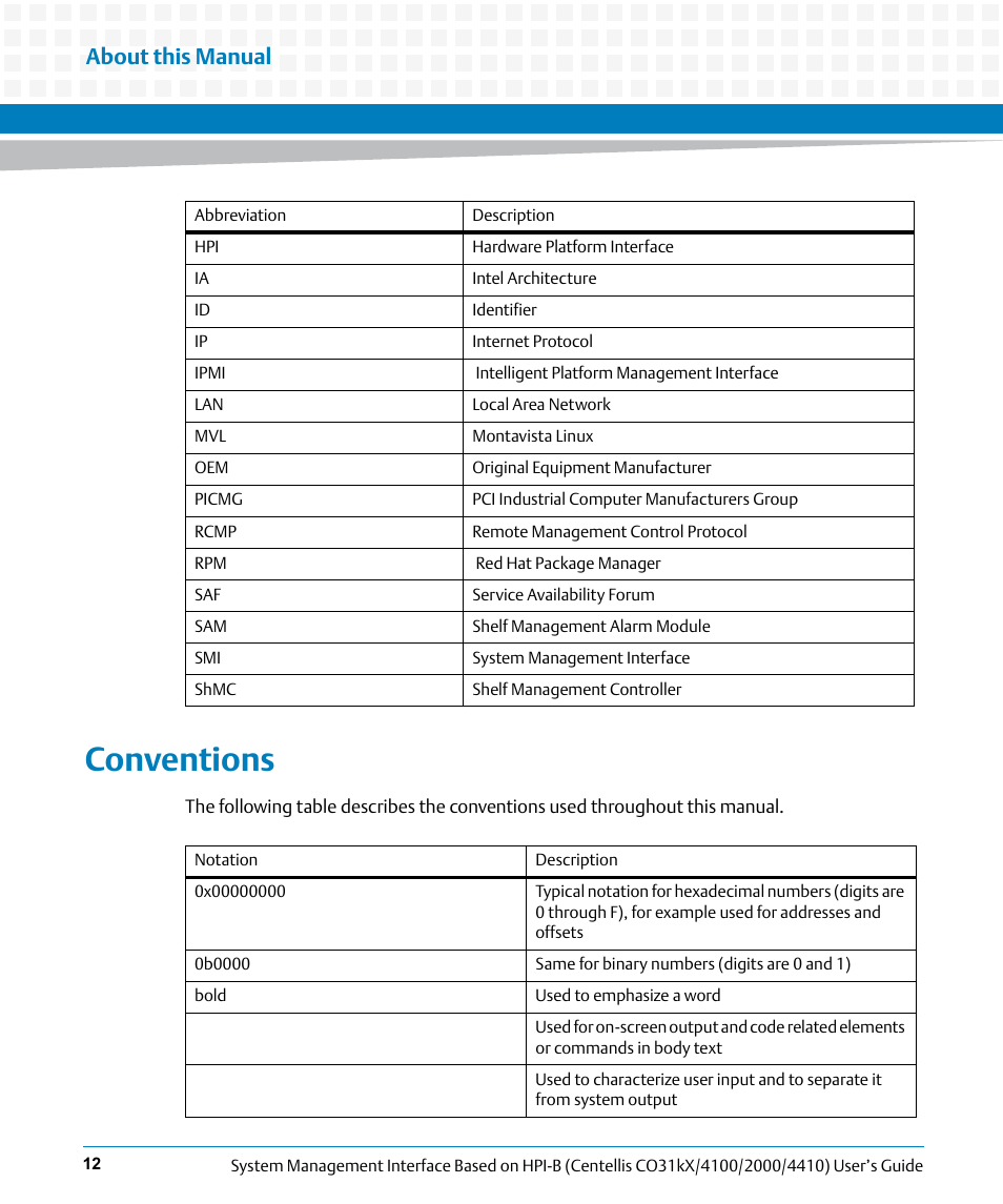 Conventions, About this manual | Artesyn System Management Interface Based on HPI-B (Centellis CO 31kX-4100-2000-4410) (June 2014) User Manual | Page 12 / 114