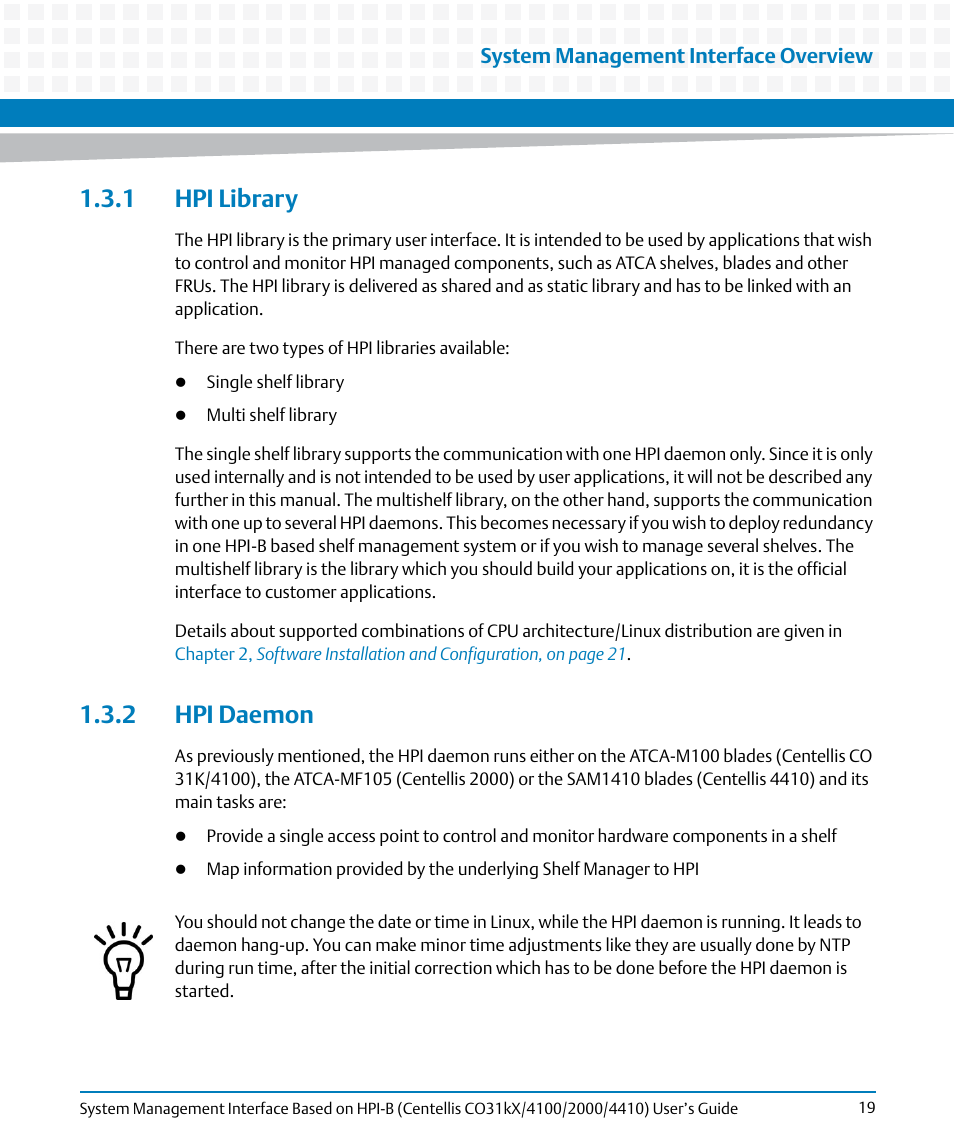 1 hpi library, 2 hpi daemon, 1 hpi library 1.3.2 hpi daemon | Artesyn System Management Interface Based on HPI-B (Centellis CO 31kX-4100-2000-4410) (June 2014) User Manual | Page 19 / 114