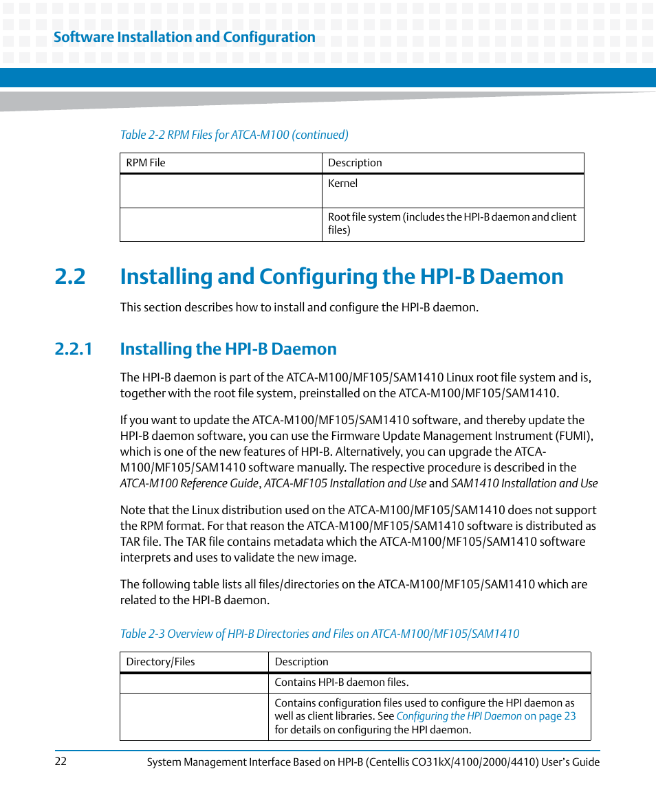 2 installing and configuring the hpi-b daemon, 1 installing the hpi-b daemon, Table 2-3 | Software installation and configuration | Artesyn System Management Interface Based on HPI-B (Centellis CO 31kX-4100-2000-4410) (June 2014) User Manual | Page 22 / 114