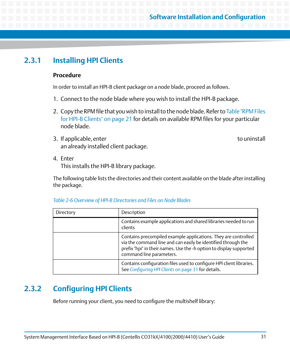 1 installing hpi clients, 2 configuring hpi clients, Table 2-6 | Software installation and configuration | Artesyn System Management Interface Based on HPI-B (Centellis CO 31kX-4100-2000-4410) (June 2014) User Manual | Page 31 / 114