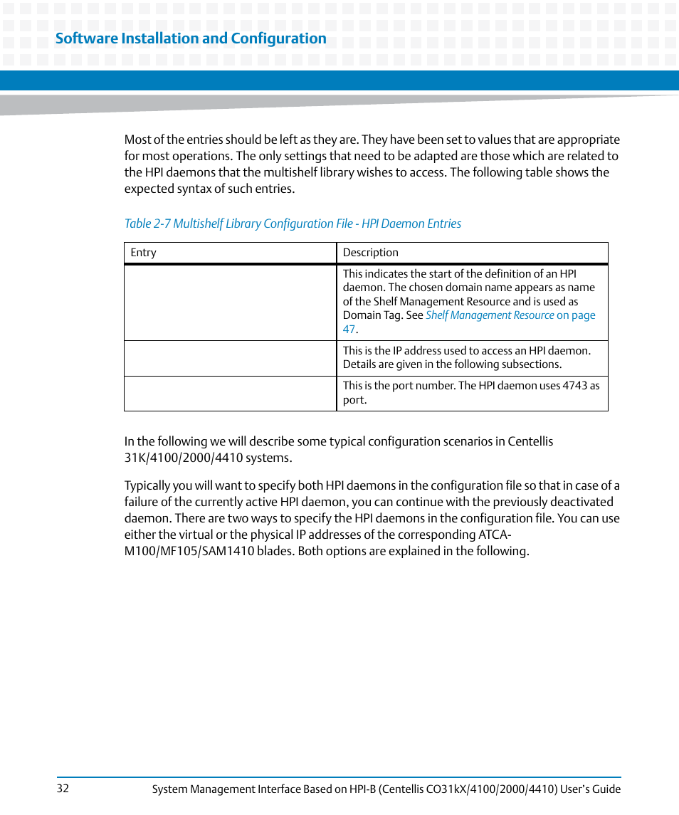 Table 2-7, Software installation and configuration | Artesyn System Management Interface Based on HPI-B (Centellis CO 31kX-4100-2000-4410) (June 2014) User Manual | Page 32 / 114