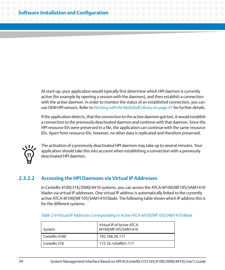 Table 2-9, Software installation and configuration | Artesyn System Management Interface Based on HPI-B (Centellis CO 31kX-4100-2000-4410) (June 2014) User Manual | Page 34 / 114
