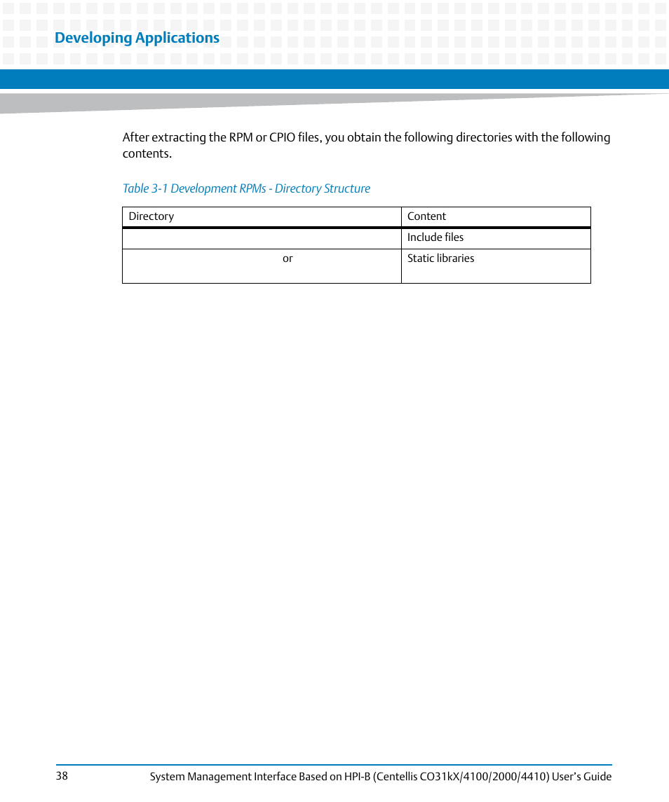 Table 3-1, Development rpms - directory structure, Developing applications | Artesyn System Management Interface Based on HPI-B (Centellis CO 31kX-4100-2000-4410) (June 2014) User Manual | Page 38 / 114