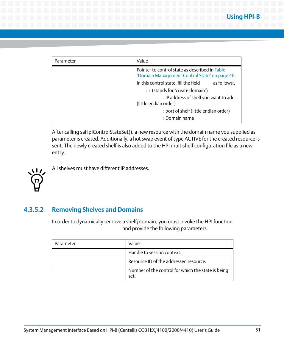 2 removing shelves and domains, Using hpi-b | Artesyn System Management Interface Based on HPI-B (Centellis CO 31kX-4100-2000-4410) (June 2014) User Manual | Page 51 / 114