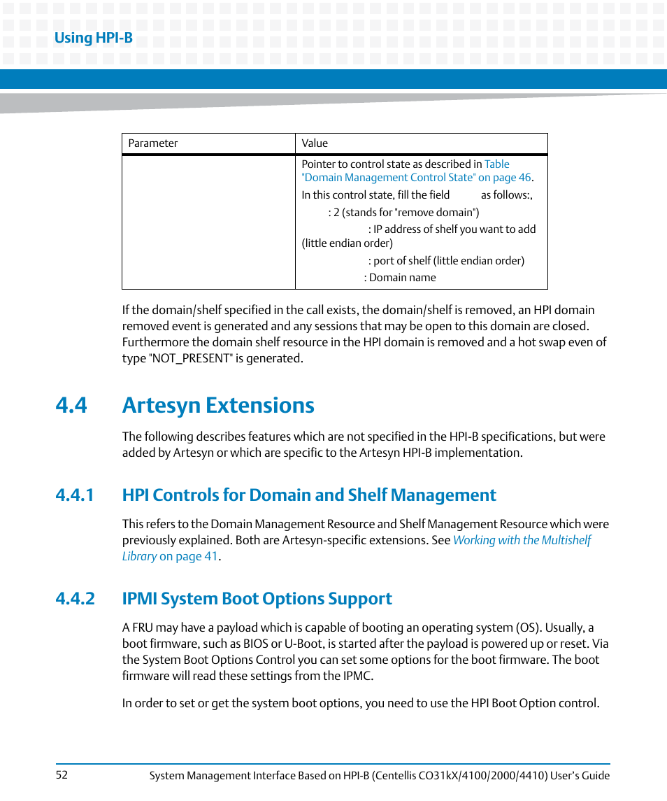 4 artesyn extensions, 1 hpi controls for domain and shelf management, 2 ipmi system boot options support | Artesyn System Management Interface Based on HPI-B (Centellis CO 31kX-4100-2000-4410) (June 2014) User Manual | Page 52 / 114