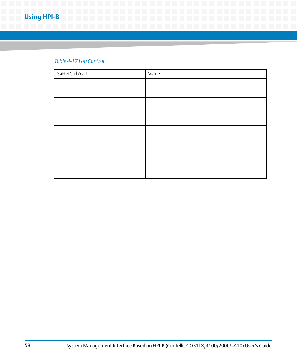 Table 4-17, Log control, Using hpi-b | Artesyn System Management Interface Based on HPI-B (Centellis CO 31kX-4100-2000-4410) (June 2014) User Manual | Page 58 / 114