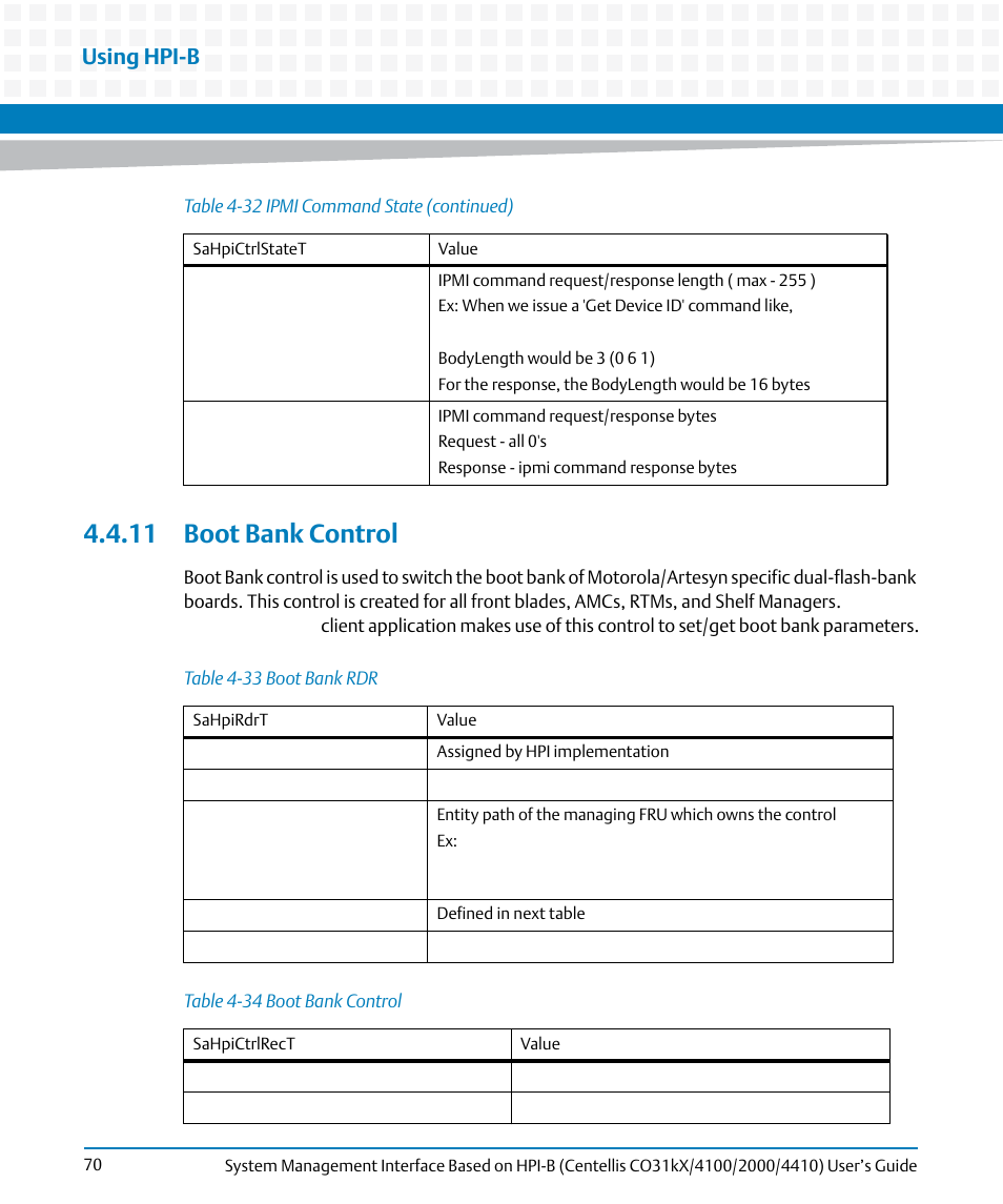 11 boot bank control, Table 4-33, Boot bank rdr | Table 4-34, Boot bank control, Using hpi-b | Artesyn System Management Interface Based on HPI-B (Centellis CO 31kX-4100-2000-4410) (June 2014) User Manual | Page 70 / 114