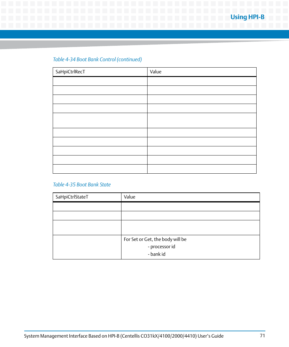 Table 4-35, Boot bank state, Using hpi-b | Artesyn System Management Interface Based on HPI-B (Centellis CO 31kX-4100-2000-4410) (June 2014) User Manual | Page 71 / 114