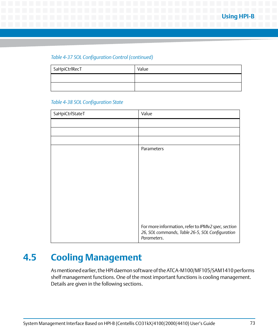 5 cooling management, Table 4-38, Sol configuration state | Cooling management, Using hpi-b | Artesyn System Management Interface Based on HPI-B (Centellis CO 31kX-4100-2000-4410) (June 2014) User Manual | Page 73 / 114