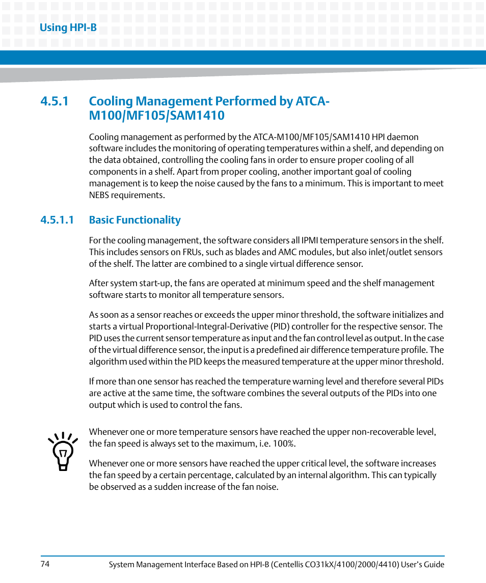 1 basic functionality, Ions, Cooling management | Performed by atca-m100/mf105/sam1410 | Artesyn System Management Interface Based on HPI-B (Centellis CO 31kX-4100-2000-4410) (June 2014) User Manual | Page 74 / 114