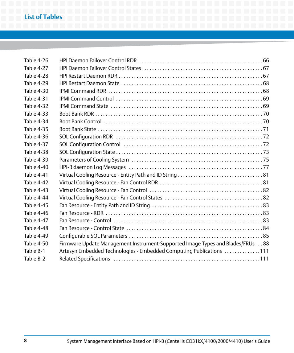 List of tables | Artesyn System Management Interface Based on HPI-B (Centellis CO 31kX-4100-2000-4410) (June 2014) User Manual | Page 8 / 114